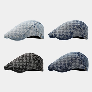 Vintage Checkerboard Denim Flat Cap Retro Washed Cotton Beret Hat Adjustable Metal Buckle Casual Ivy Newsboy Cap Unisex