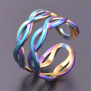 Rainbow plated stainless steel infinity double loop ring with hollow woven texture