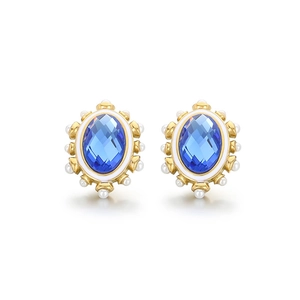 Vintage oval blue gemstone earrings with white pearls and gold accents for women