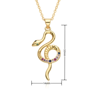 Detail view of gold-plated snake pendant with multi-colored zircons and dimensions 32x14mm
