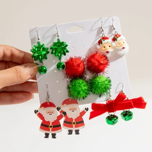Christmas Santa Claus Bell Bow Earrings With Iron Earring Post Alloy Resin Pom Pom Festive Jewelry For Women