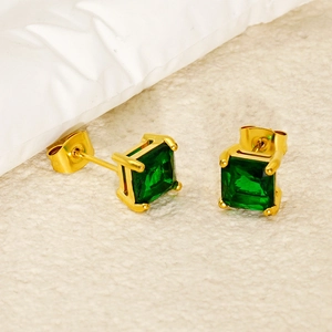 Square gold-plated stud earrings with emerald green cubic zirconia in a 4-prong setting