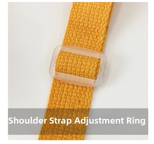 Macro shot of a bright yellow woven strap with a translucent plastic adjustment buckle