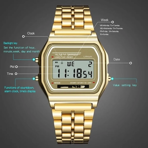 Classic gold stainless steel digital LED watch with square face and multifunction display