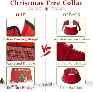 Detail of Christmas tree collar with velcro fastener and festive plaid fabric texture