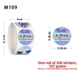 Detail view of rainbow holographic thank you stickers with eyelash design for business