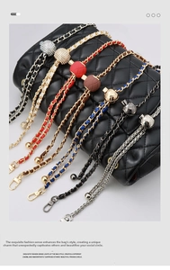 Detail of adjustable metal ball on woven leather chain straps for luxury handbags