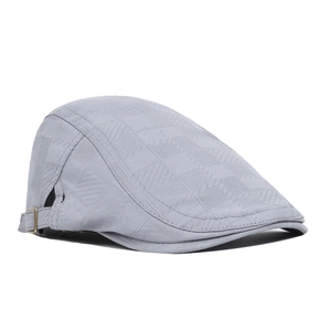 Gray flat cap for men and women featuring geometric plaid texture and metal side buckle