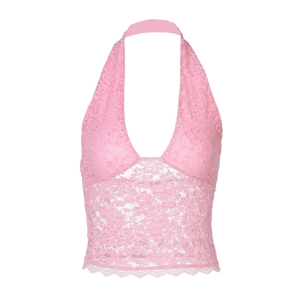 Haut licou en dentelle rose avec détails ajourés floraux et coupe ajustée sexy