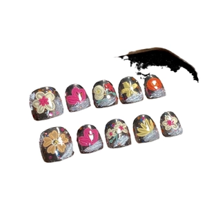 Handmade short round press-on nails for kids with grey glitter and floral graffiti pattern