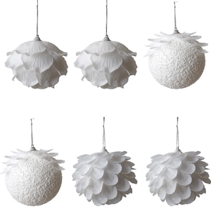 Set of 6 white petal-shaped Christmas ornaments with glitter and textured foam coating