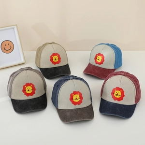 Distressed kids baseball caps with lion patch in five multi-color washed cotton designs