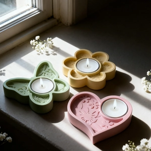 Floral embossed butterfly heart resin silicone molds with handmade candle holder samples