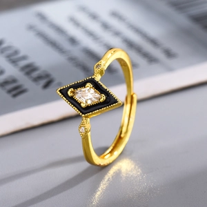 Vintage gold geometric rhombus ring with black enamel and sparkling zircon crystal inlay