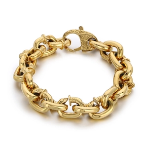 Gold stainless steel punk nail link bracelet with ornate engraved toggle clasp
