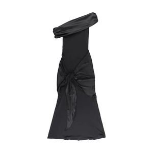 Detail of black satin one-shoulder dress featuring a decorative waist knot and slim fit