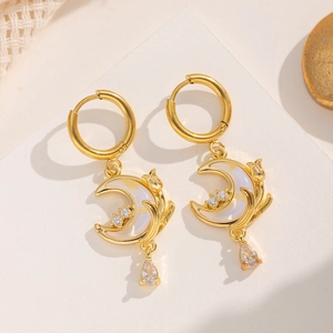 Elegant gold moon earrings with iridescent stones and clear zircon water drop pendants