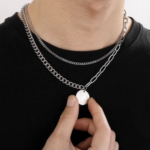 Silver double layer queen portrait coin pendant necklace on model with cuban chain