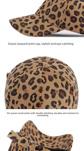 Close-up of leopard print corduroy baseball cap with metal buckle and stitching detail