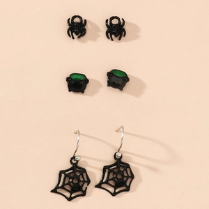 Detailed set of Halloween gothic earrings featuring black spider webs and witch cauldrons