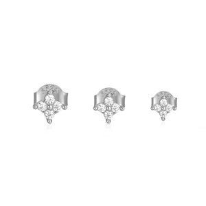 Detail view of S925 sterling silver flower studs with small cubic zirconia stones