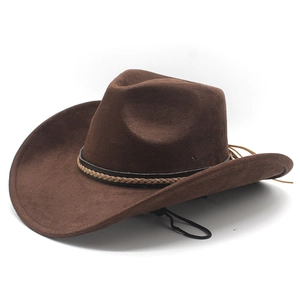 Western dark brown suede cowboy hat with woven leather band and adjustable wind rope