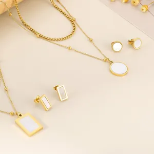 Stainless Steel Mother Of Artificial Pearl Necklace And Earrings Jewelry Double Layer Geometric Square Round Pendant Women