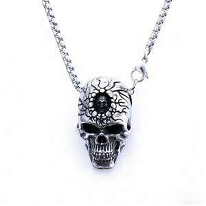 Gothic silver skull pendant necklace with square box chain in polished stainless steel