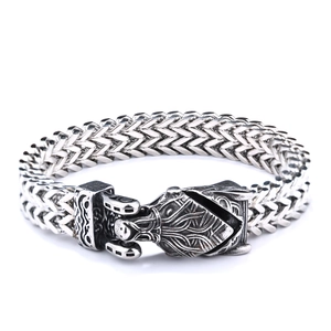 Vintage stainless steel Viking wolf head braided chain bracelet in antique silver finish