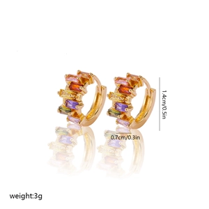 Detailed size view of gold earrings with rainbow zircon stones and dimensions
