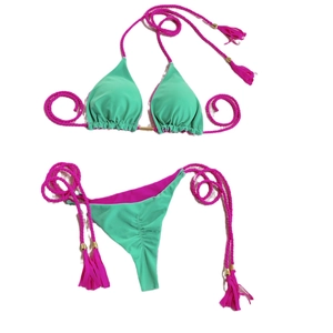 Contrast mint green and magenta bikini set with braided tassels and golden beads