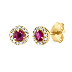 Elegant halo style earrings featuring round red stones with white zircon border in gold finish