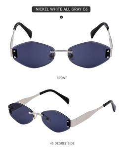 Detail of nickel white rimless geometric sunglasses with grey lenses and metal temples