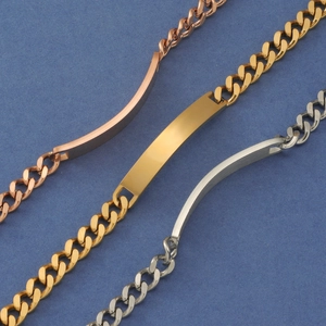 Three-color Cuban chain bracelets with customizable metal nameplates in gold and silver