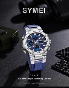 Dual-display sports watch featuring a blue silicone strap and 5 BAR water-resistant metal case