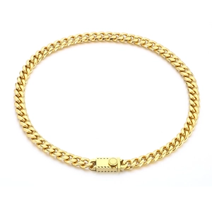 Polished gold Miami Cuban link necklace for men with a square gear clasp on white background