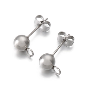 Pair of silver stainless steel ball stud earrings with hanging loop for DIY jewelry