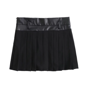 Women Pleated Skort High Waist PU Leather Patchwork A-Line Mini Skirt With Safety Shorts Streetwear Sexy Solid Black