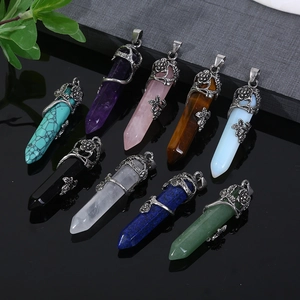 Natural Crystal Hexagonal Column Pendant Necklace Retro Floral Vine Wrapped Stone Jewelry For Women Bohemian Style