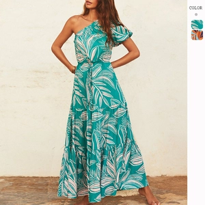 Abito Lungo Floreale Monospalla Bohemien Estate Spiaggia Vacanza Orlo A Balze Poliestere Vita Alta Casual Da Donna