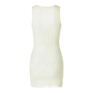 Detailed macro view of cream lace sleeveless dress with delicate eyelash lace hem edges