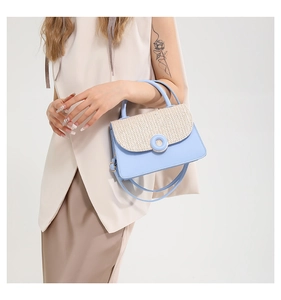 Detail of light blue and beige woven crossbody bag with gold-tone donut hardware buckle
