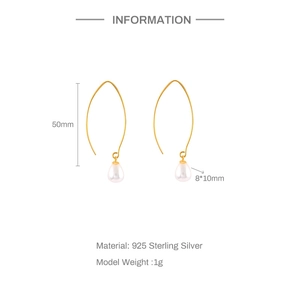 Detail view of 925 sterling silver pearl drop earrings with size and material specifications