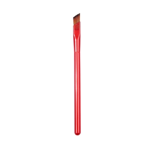 Angled wild eyebrow brush with red handle and brown synthetic bristles on white background