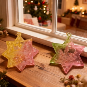 Star-shaped resin Christmas pendants with 3D castle relief and festive glitter accents