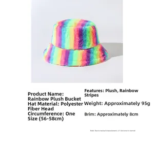 Detailed view of rainbow plush bucket hat features, material info, and size specifications