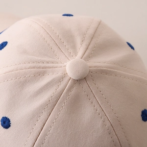 Macro shot of cotton fabric texture and blue embroidered polka dots on toddler baseball cap