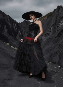 Close-up of black sequined corset and red feather detail on the evening gown waist
