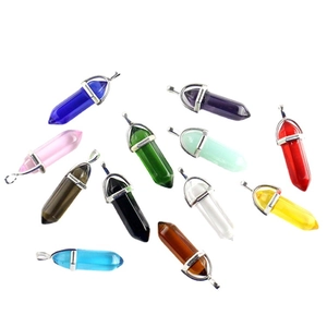 Set of twelve hexagonal natural stone crystal pendants in various vibrant colors
