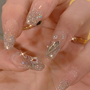 Press On Nails Pink Gradient Long Coffin ABS Resin With Rhinestones And Silver Glitter Artificial Nails Shimmering Glossy Finish